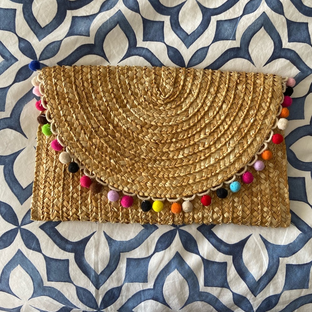 Woven Pom Pom Clutch